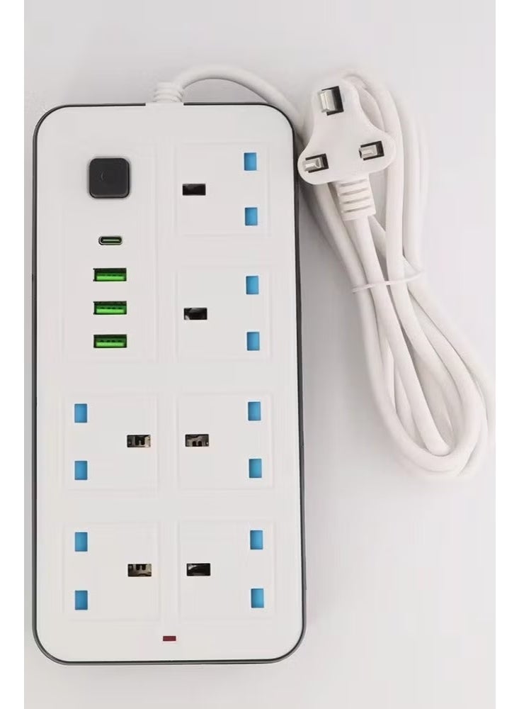 TRADAMIX 5-meter Power Strip - 2000W Power Strip with 6 AC Outlets + 3 USB Ports + 1 Type-C PD Port | 3.4A Auto Charging | Static Electricity Protection | - White | Includes a static electricity jumper and durable cable for safe and efficient charging - Image 1